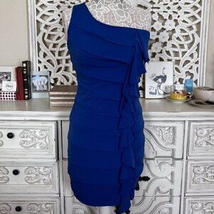 Studio Y Midi one shoulder blue bandage fringe dress